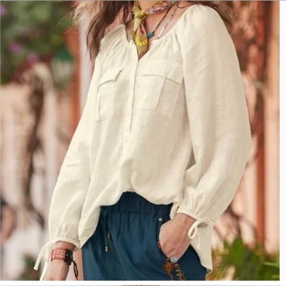 Sundance Sahara Linen Top in Ivory Women’s Pullover Blouse PL Half Button Front - Picture 1 of 8